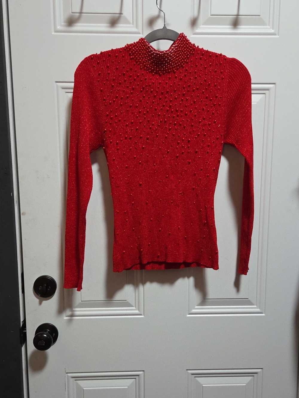 Beaded Mock Neck Red Women's Sweater Top With Beads.  Medium